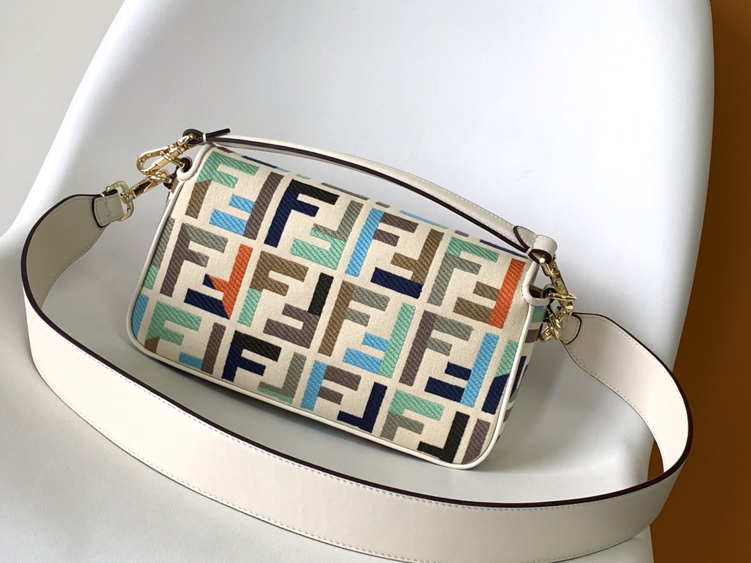 Fendi Medium Baguette FF Canvas Embroidery Shoulder Bag Multicolor/White